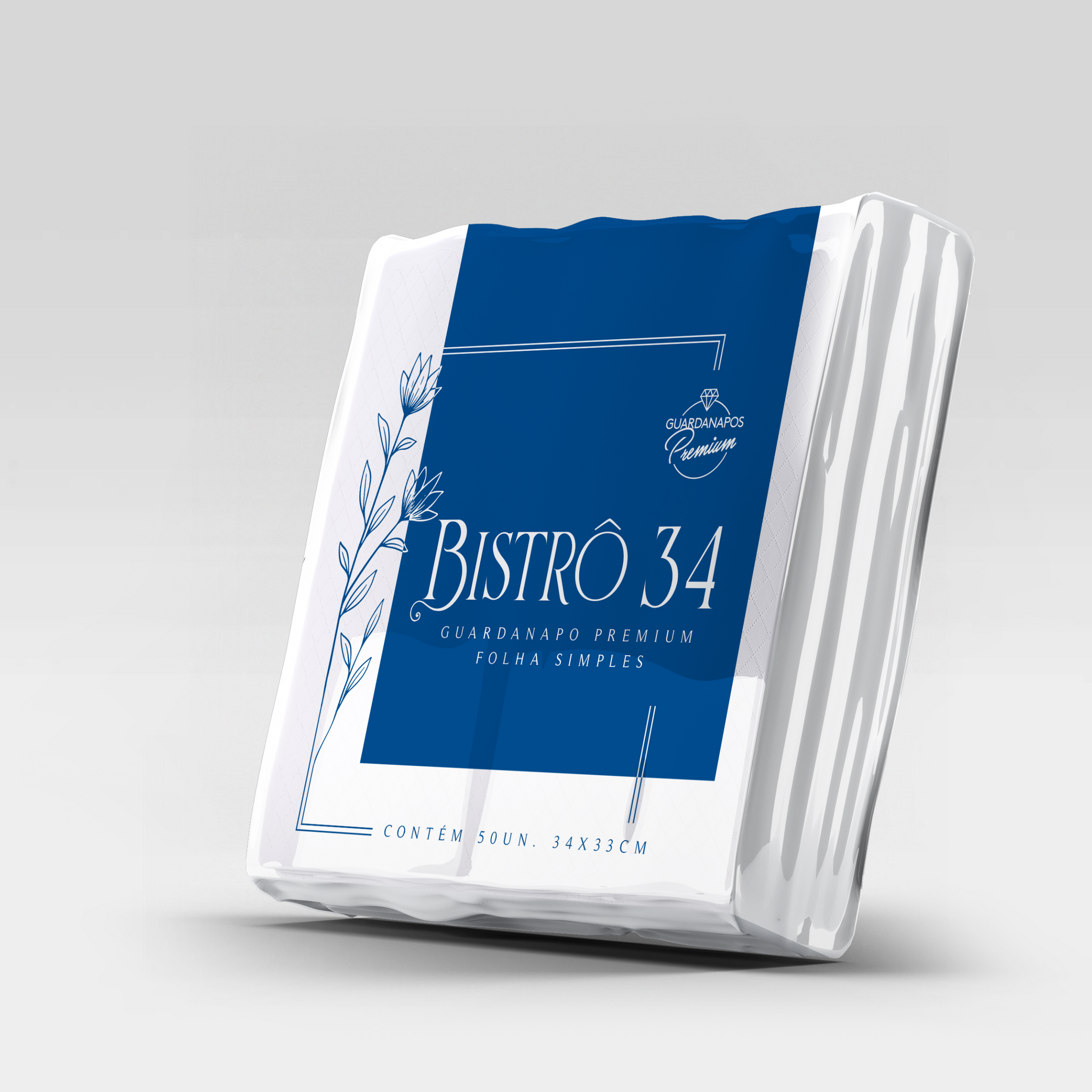 "Guardanapo Bistrô 34 com design elegante, embalagem destacando o toque macio e a qualidade premium. Embalagem com informações de medidas e composição."