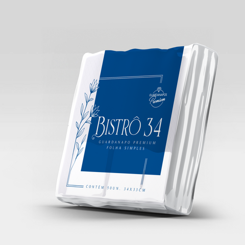 "Guardanapo Bistrô 34 com design elegante, embalagem destacando o toque macio e a qualidade premium. Embalagem com informações de medidas e composição."