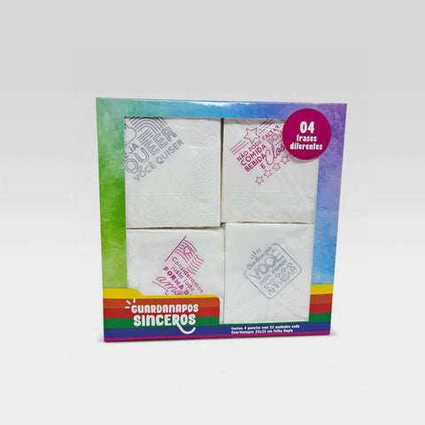 Guardanapos Sinceros LGBTQIA+ da Truberpell com 4 frases inclusivas e bem-humoradas, embalagem com 100 unidades.