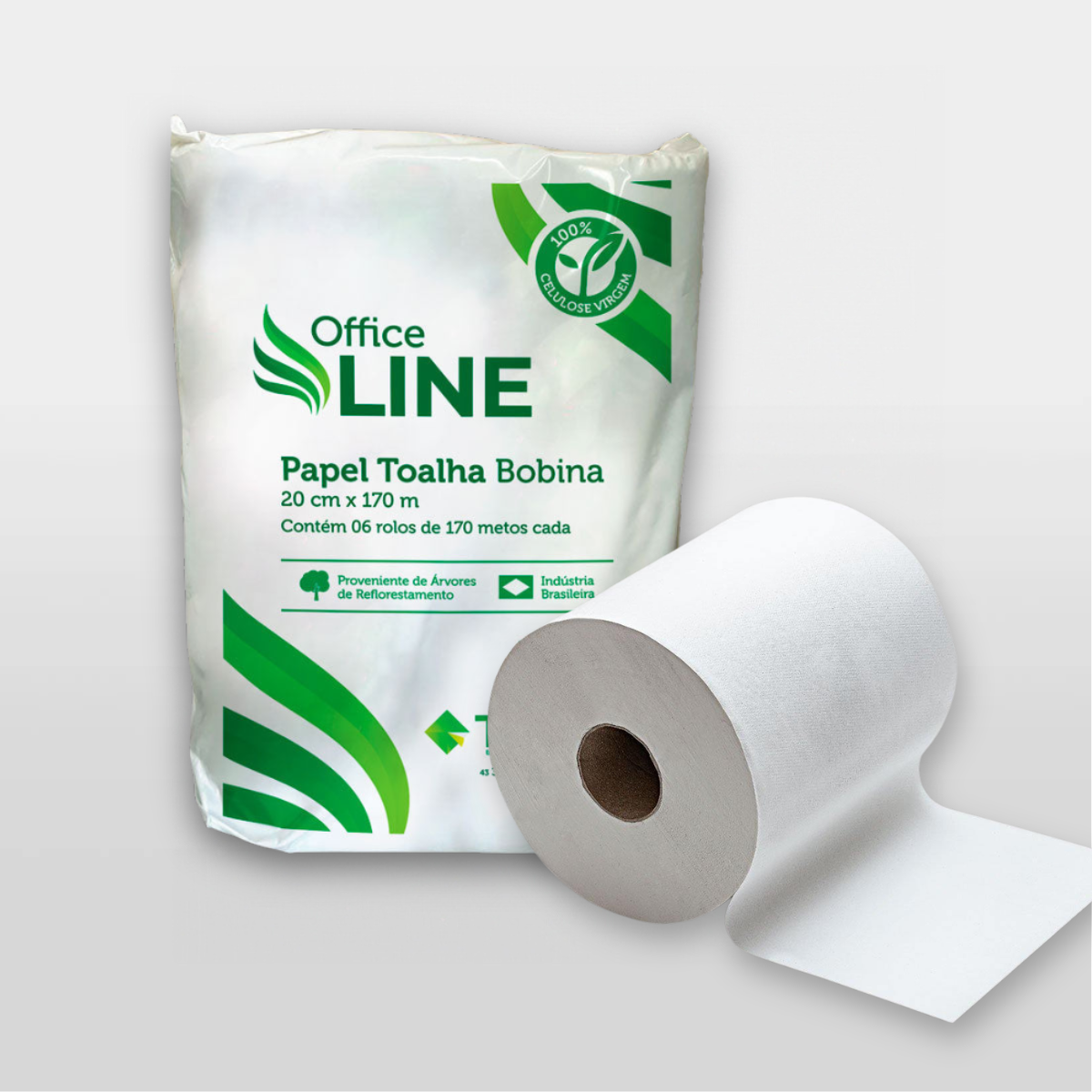 "Pacote de 6 rolos de Papel Toalha Bobina Office Line Truberpell, com 170 metros por rolo. Produto de alta absorção e resistência, ideal para ambientes de alto consumo."