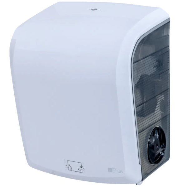 "Toalheiro Interfolhado Elisa, fabricado em plástico ABS de alta resistência, disponível em branco e preto, com design moderno e compacto para uso de papel toalha interfolhado."