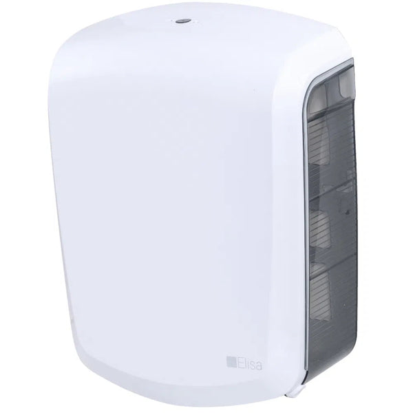 Imagem do Toalheiro Interfolhado Elisa, mostrando seu design compacto em plástico ABS, disponível nas cores branco e preto, ideal para ambientes de uso coletivo como banheiros e consultórios.