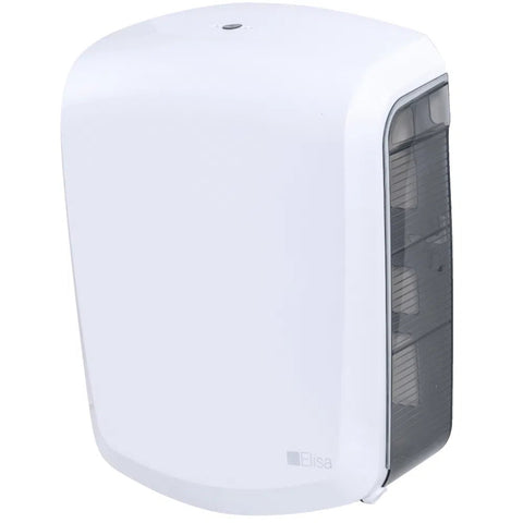 Imagem do Toalheiro Interfolhado Elisa, mostrando seu design compacto em plástico ABS, disponível nas cores branco e preto, ideal para ambientes de uso coletivo como banheiros e consultórios.