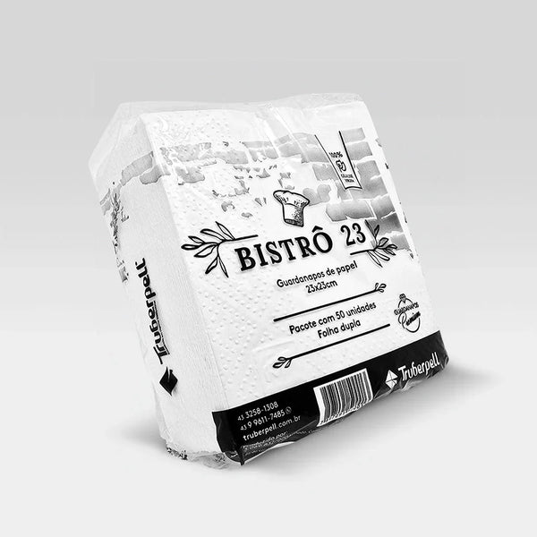 Vista frontal da embalagem do guardanapo Bistrô 23, mostrando em detalhe o logo da Truberpell e o design do pacote.


