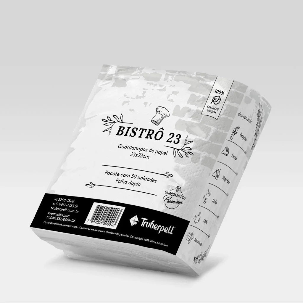 Pacote do guardanapo Bistrô 23 folha dupla da Truberpell, com design em preto e branco e informações sobre o produto na embalagem.

