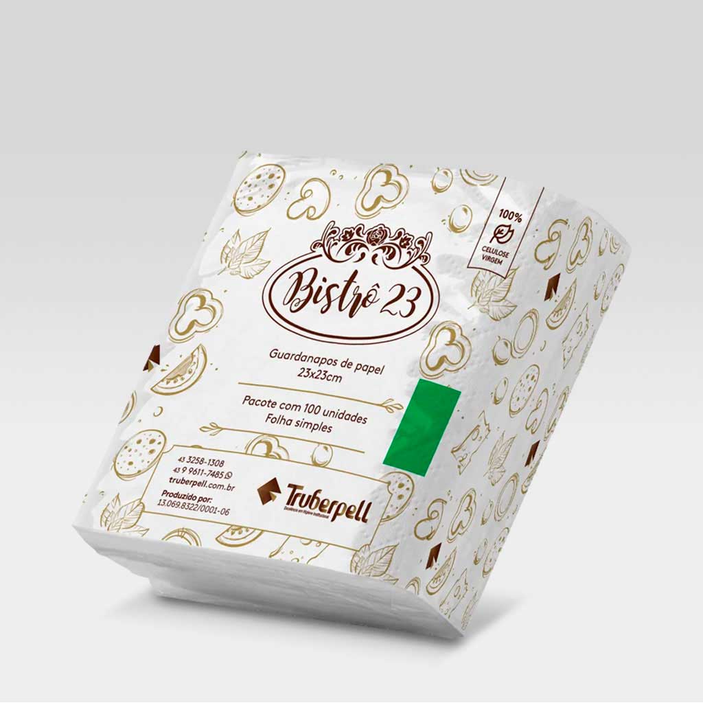Pacote do guardanapo Bistrô 23 folha simples da TRUBERPELL, com design branco e ilustrações de ingredientes em marrom.

