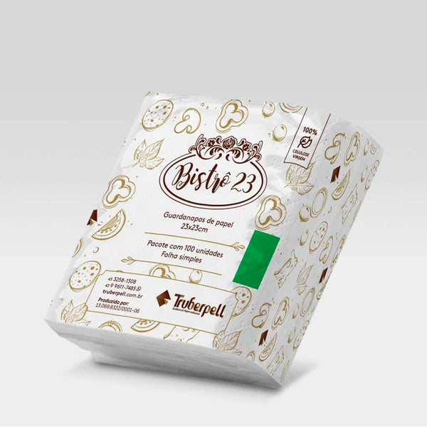 Pacote do guardanapo Bistrô 23 folha simples da TRUBERPELL, com design branco e ilustrações de ingredientes em marrom.

