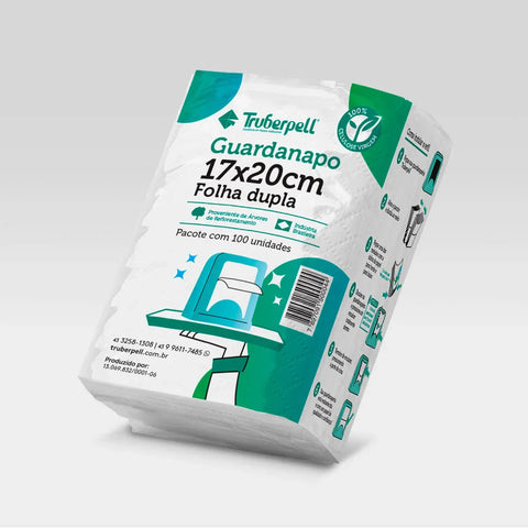 Embalagem individual do guardanapo Totalpel 17x20cm folha dupla, com design moderno nas cores branca e verde, mostrando o logo da marca.

