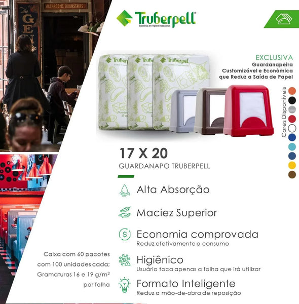 Banner informativo mostrando os benefícios do guardanapo Truberpell, como alta absorção, e sua compatibilidade com dispensers de mesa de várias cores.